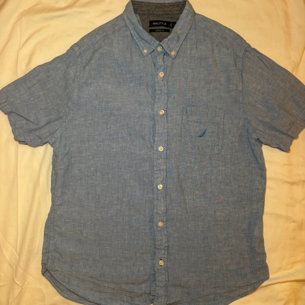 Nautica Shirt Men's Large, Blue, 100% Linen, Short Sleeve, Preppy, Old Money